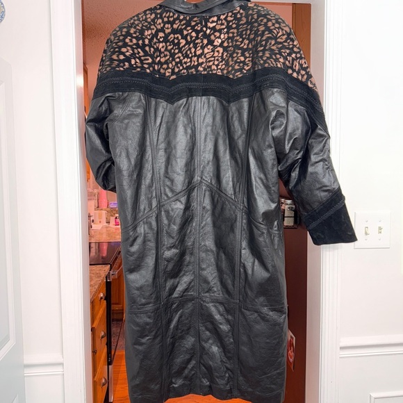 Vintage 80s Middlebrook Park Black Leather Cheetah Leopard Trench Jacket XL - Picture 2 of 9